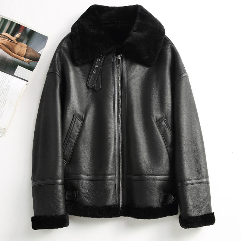 2023 New Winter Warm Women Shearing Leather Jackets Coats  Solid Simple Sheepskin Double Face Leather Overcoat Pockets MH3889L