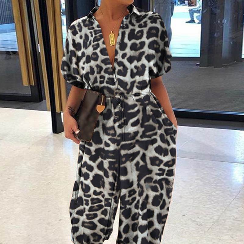 Macacão de bolso com estampa leopardo feminino, gola V, gravata de botão, manga curta, solto, elegante, terno feminino, moda verão