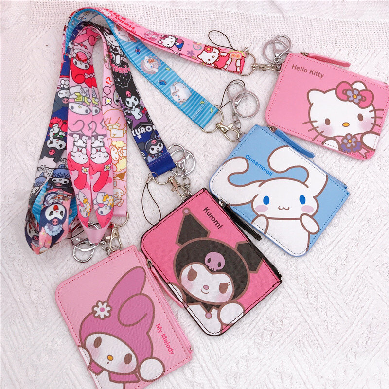 Kawaii Sanrio Kuromi Hello Kitty Cinnamorroll Melody Pachacco Pom Purin หนังกระเป๋าเก็บบัตรน่ารักกระเป๋าสตางค์ใส่เหรียญ Key Chain จี้
