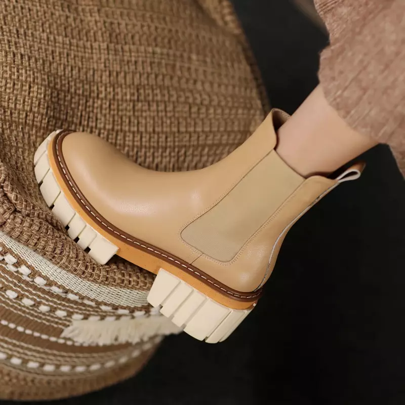 Botas Chelsea de couro natural para mulheres, sapatos de outono e inverno, fundo moldado, couro superior, 2 cores, quente, 2022, 22-24,5 cm