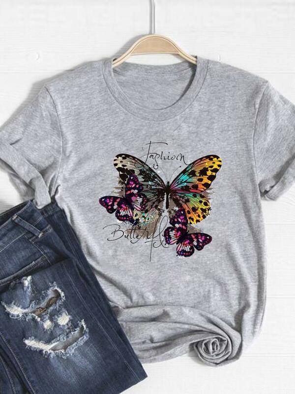 Camiseta con estampado de mariposa y flores, ropa básica para mujer, camiseta de verano, Camiseta estampada de manga corta a la moda