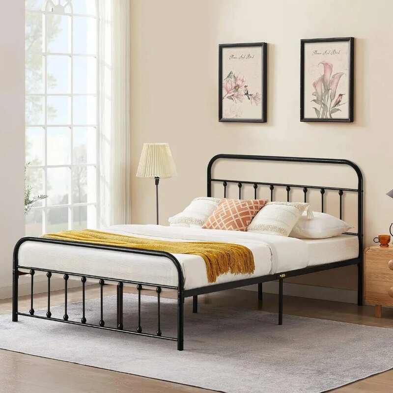 Czarna metalowa rama łóżka w pełnym rozmiarze z zabytkowym zagłówkiem i podnóżkiem, bez sprężyny skrzynowej, stabilna stalowa listwa Premium