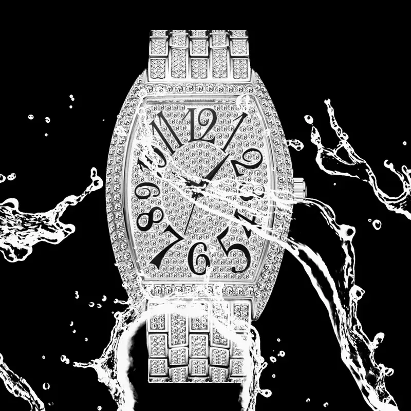 Iced Out นาฬิกาผู้ชายเงินสแตนเลสบุรุษนาฬิกา Hip Hop นาฬิกาข้อมือควอตซ์ Classic Tonneau เพชรเต็มรูปแบบนาฬิกา Man