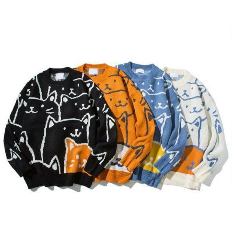 Camisola de manga longa retrô japonesa masculina, gato Harajuku dos desenhos animados malha camisola, tops extragrandes, pulôver vintage, inverno