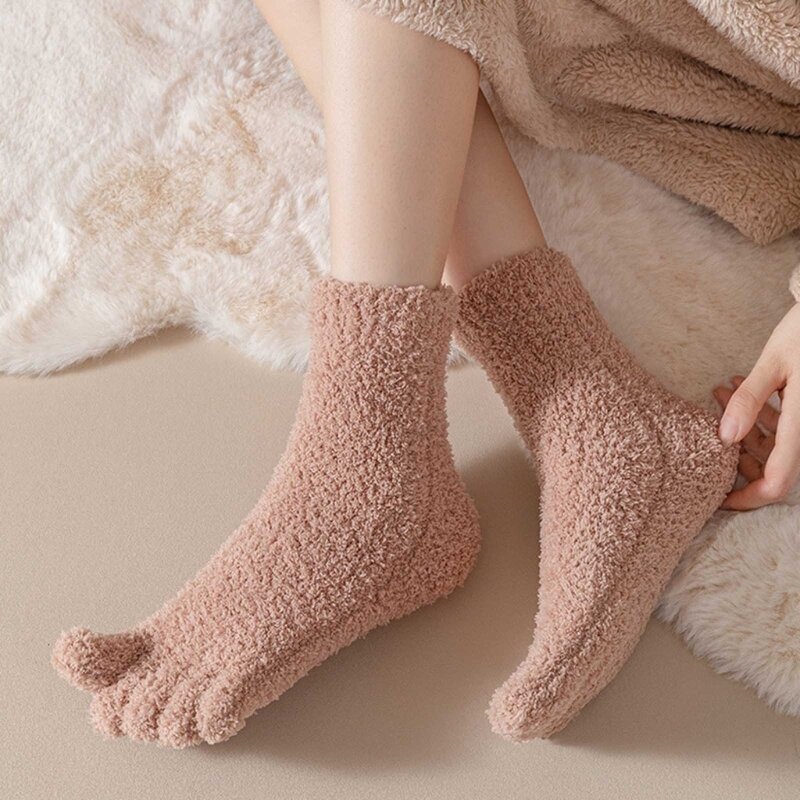 Women Solid Color Fuzzy Five Finger Socks Winter Thermal Home Sleep Floor Socks