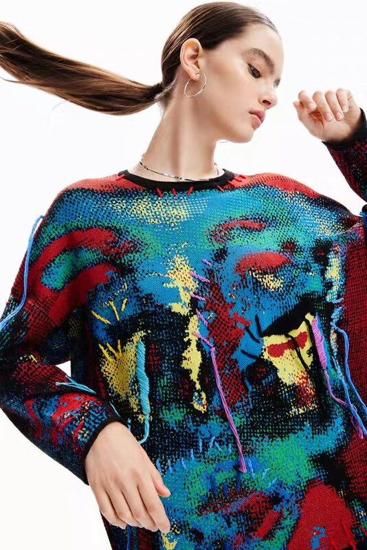 Foreign Trade Spain  New Women's Sweater Jacquard Handmade Thread Hanging Loose Knitted Shirt Contrast Color Fashion