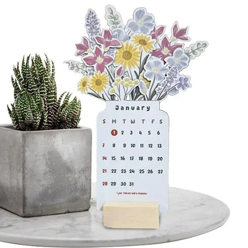 Calendario de escritorio con flores Bloomy, Serie de decoración de madera, creativo, Floral, bonito, 2024