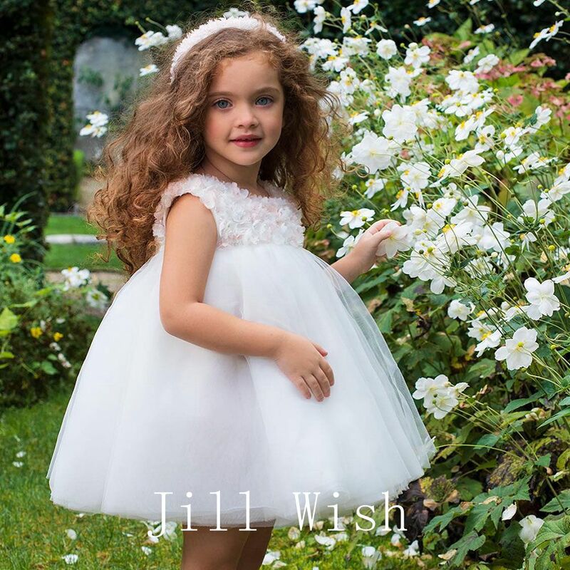 Jill Wish Luxury Dubai White Girl Dress Flowers Princess Baby Kids Wedding Birthday Party Evening Prom Gown comunione 2024 J192