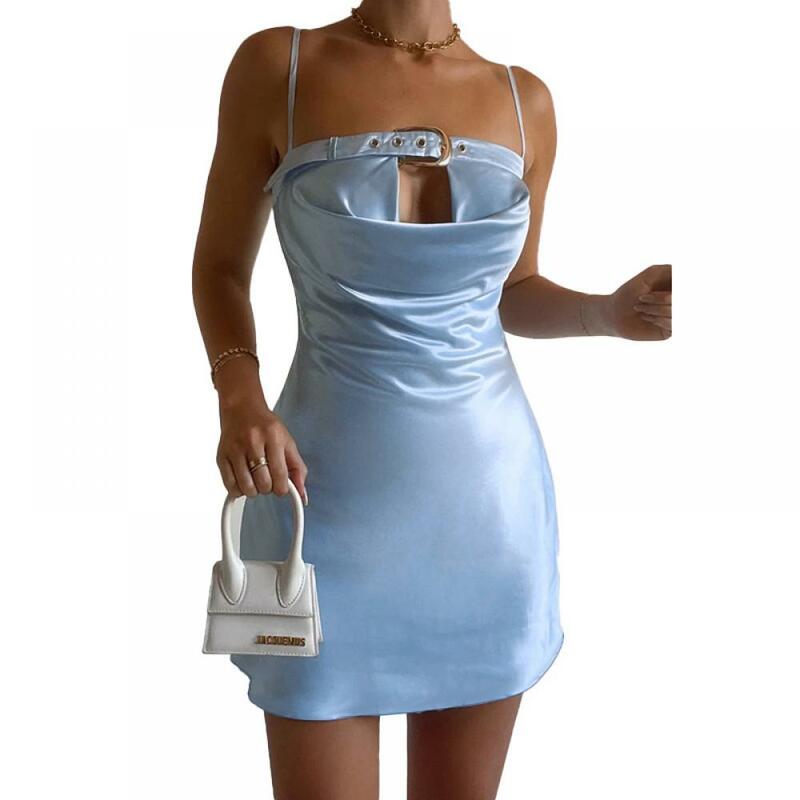 Frauen sexy Hip Wrap rücken freie Kleider Gewürz Mädchen ärmellose schlanke Kleid blau Camis kurze Vestidos für Lady Club Party wear
