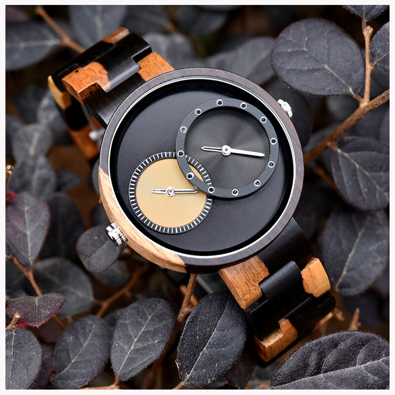 Heren 2 Tijdzone Houten Horloges Lichtgewicht Luxe Quartz Polshorloges Modeontwerp Uurwerk Voor Liefde