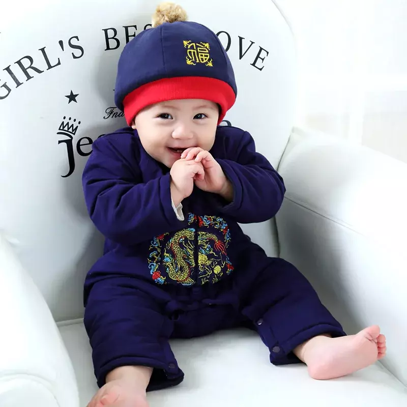 Cute Red Baby Tang Suit One-piece Romper AutumnWinter Outing Full Moon Suit with Long Sleeves and Hat Set Kids Birthday Clothes