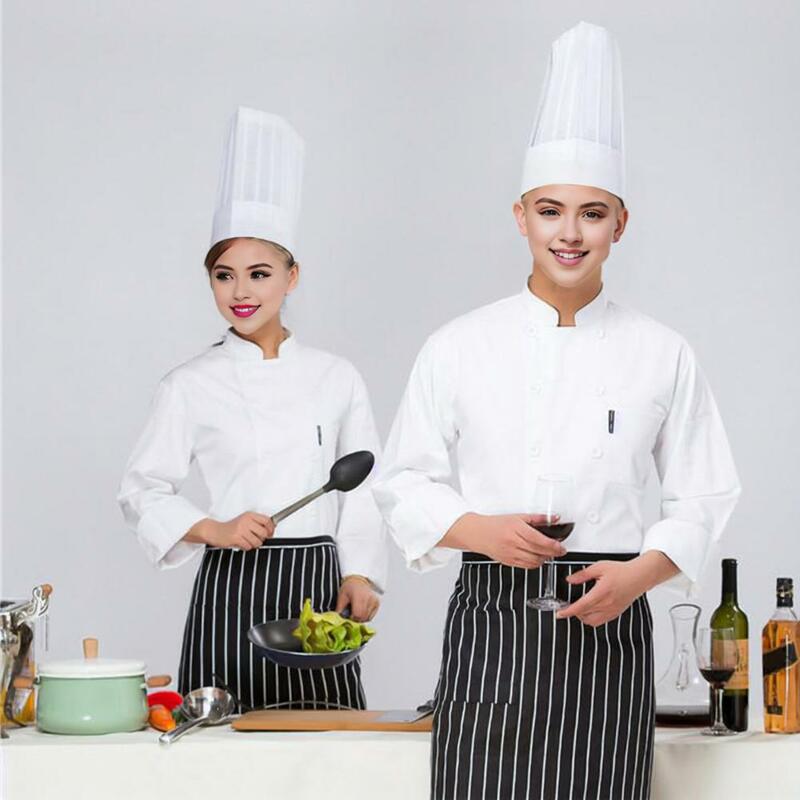 Seragam koki dengan kantong dada uniseks, seragam koki profesional untuk dapur, roti lengan panjang, dua baris untuk makanan