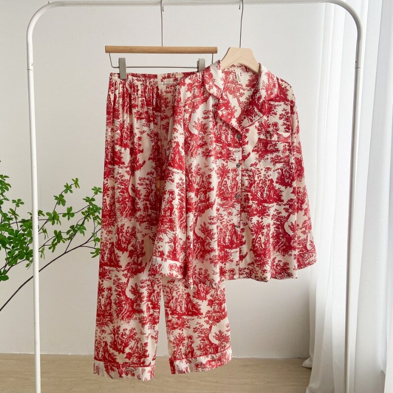 Conjunto de pijamas de seda de hielo para mujer, ropa de dormir informal, camisa con pintura de tinta Simple, pantalones, solapa, Primavera