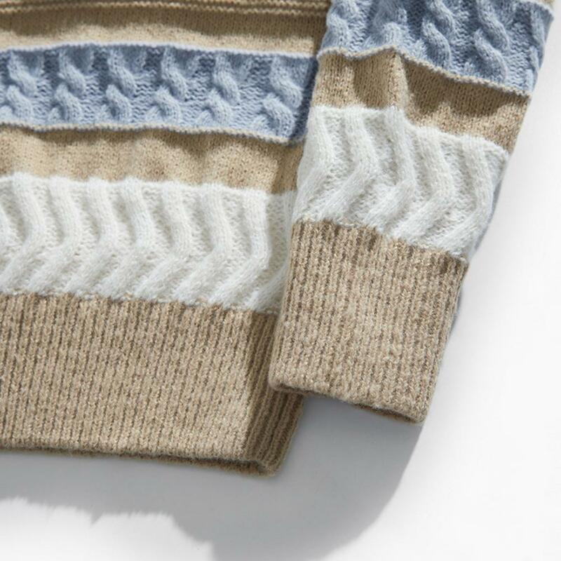 Men Knitted Sweater Fall Winter O Neck Contrast Color Striped Sweater Soft Warm Casual Loose Male Pullover Top Knitwear