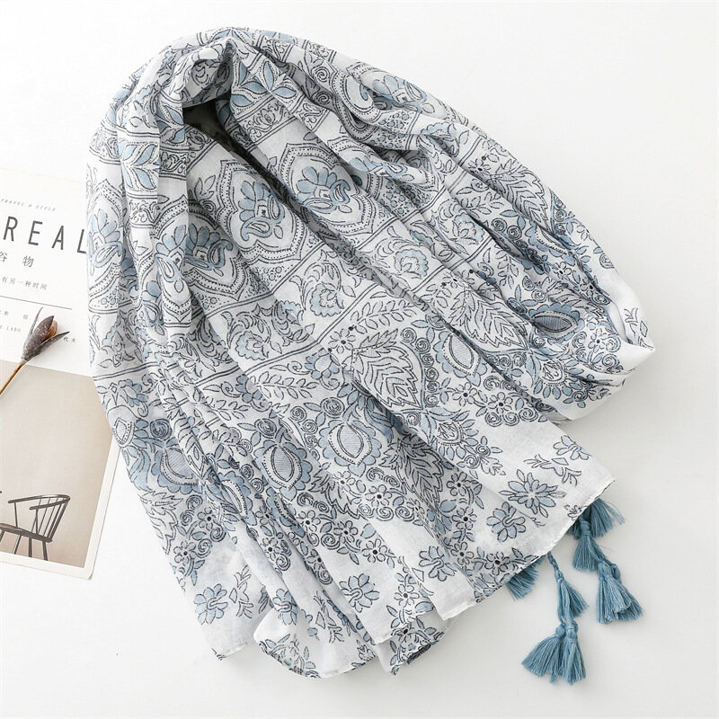 Cotton and Linen Feel Scarf Retro Ethnic Style Blue Gray Small Flower Tassel Scarf Shawl for Women