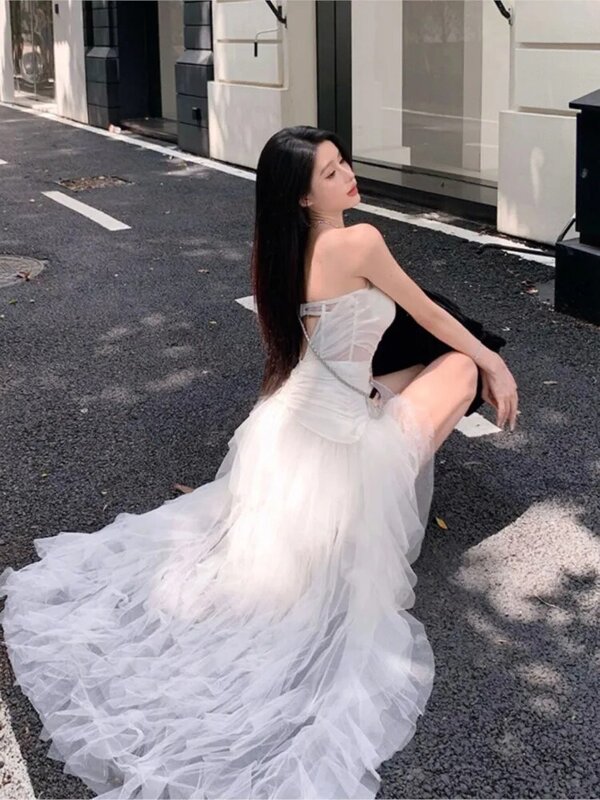 Sukienka na przyjęcie urodzinowe lekki luksusowy elegancki biały mniejszościowy Bandeau Sling dla kobiet