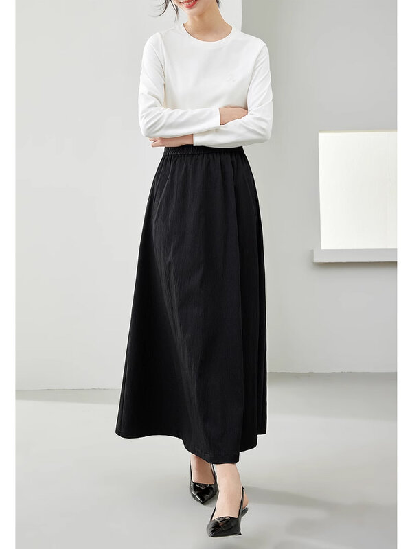 Vimly Women's Black Long Skirt 2024 Spring New In Elegant A-line Elastic Waist Female Swing Maxi Skirts Woman Clothing M6068
