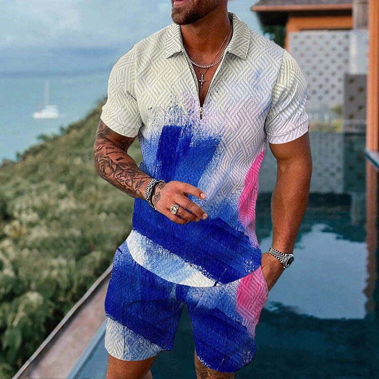 Pintura a tinta dos homens com estampa 3D Zipper Collar agasalho, camisa polo e shorts tendência, conjunto streetwear, moda verão, 2 peças