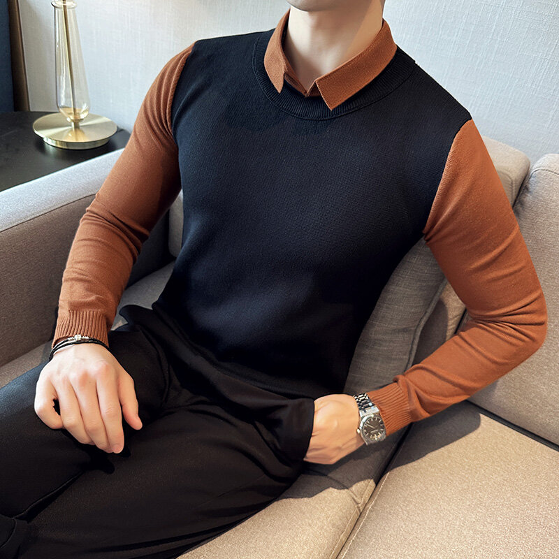 3XL-M Autumn New Men's Fake Two Piece Sweaters Men's Korean Edition Pullover Personalized Colored Knitted Shirt Collar Underlay