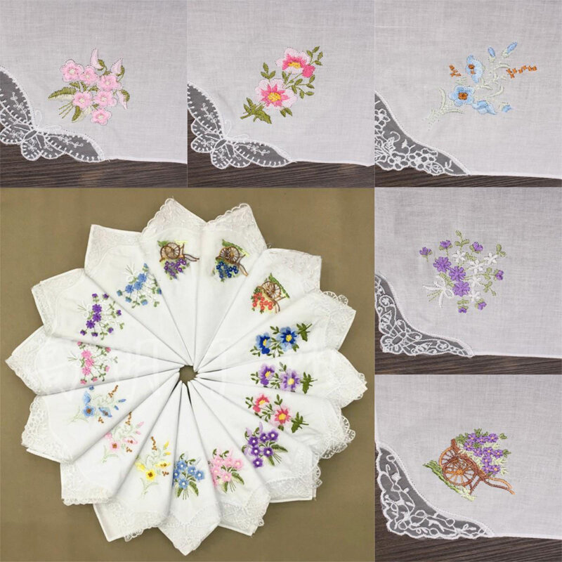 Pañuelo de algodón con bordado Floral para mujer, 6 piezas, Estilo Vintage