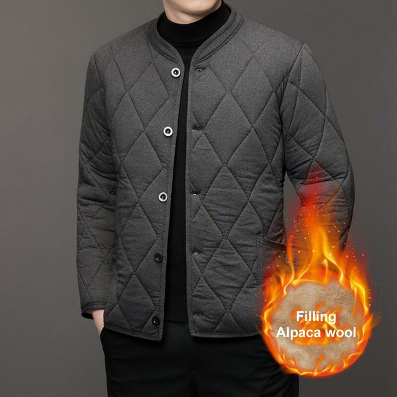 Autumn Winter Cotton Jacket Stand Collar Long Sleeve Quilted Padded Thickened Coat Pockets Single-Breasted Men Outwear