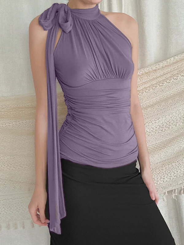 IAMSURE Elegant Fashion Solid Folds Tank Top Casual Sexy Slim Bandage O-Neck Sleeveless Tops Women 2024 Summer Streetwear Ladies
