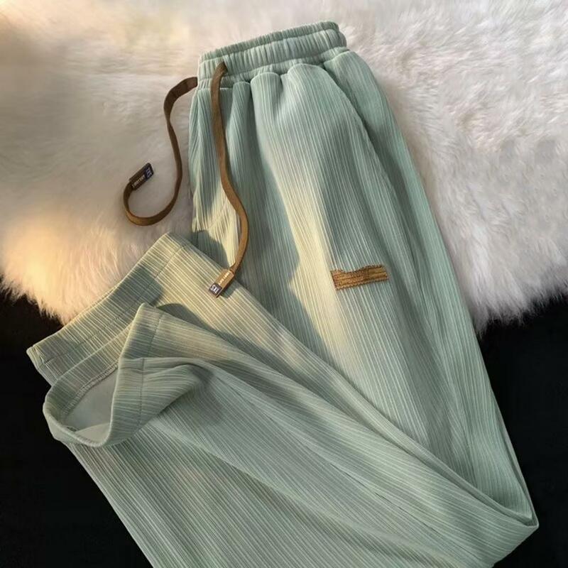 Mid-rise Elastic Waistband Men Pants Drawstring Pockets Ribbed Fast Drying Summer Ultra-thin Ice Silk Casual Trousers Streetwear