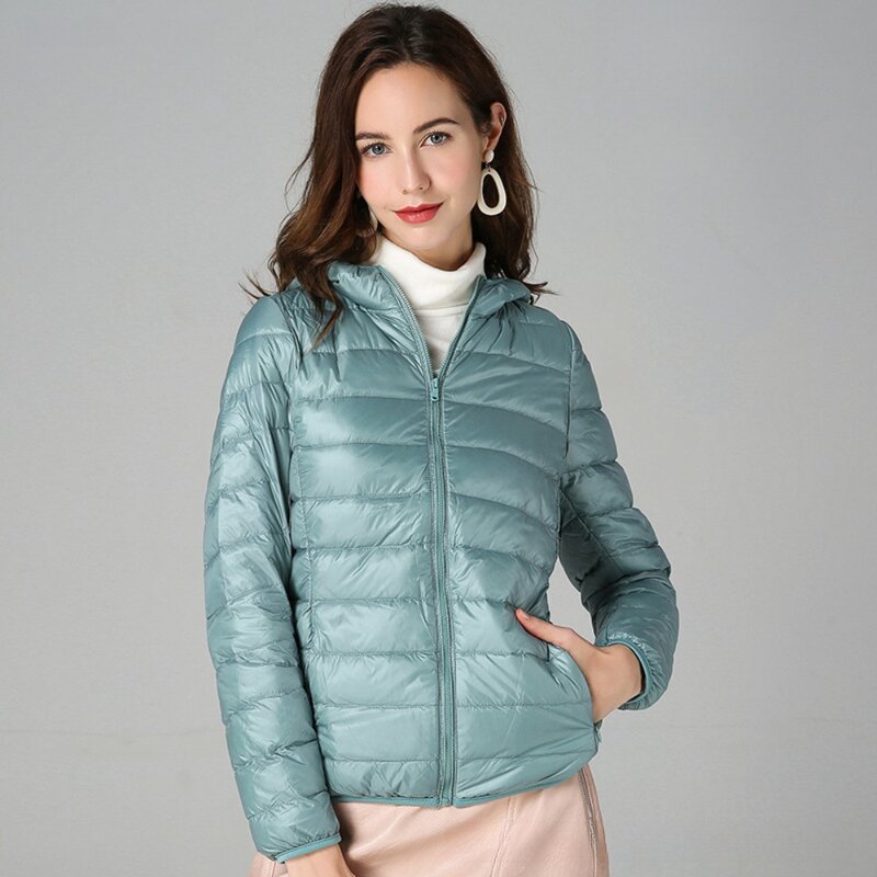 여성용 초경량 얇은 화이트 덕 다운 코트, 휴대용 따뜻한 후드 퍼퍼 재킷, 여성 아우터, 가을 겨울 2023