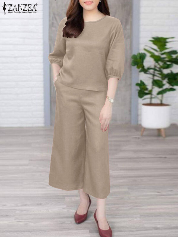 ZANZEA-Conjunto de calças largas e blusa de lanterna para mulheres, agasalho urbano, conjuntos de calças simples, roupas casuais de cor sólida, 2 peças