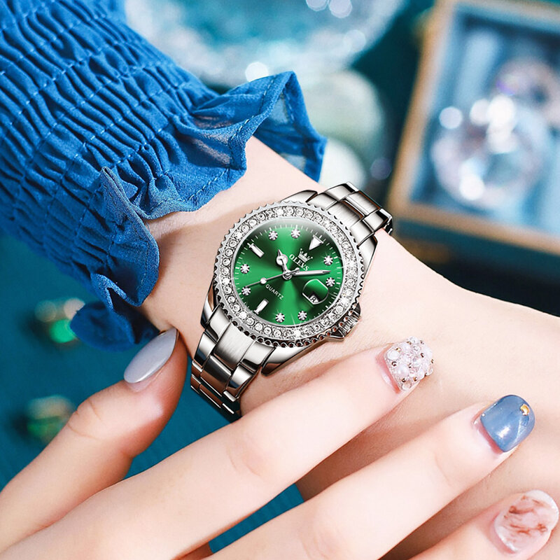 OLEVS – montre de plongée étanche pour Couple, ensemble de montres à Quartz de luxe Original avec bande en acier, diamants d'affaires, verte