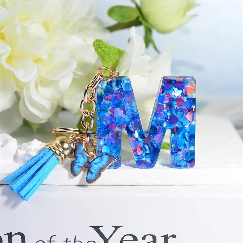 Fashion Blue Heart Sequin Filled 26 Letter Keychain With Tassel Women Bag Ornaments Butterfly Charms Initial Alphabet Keyrings