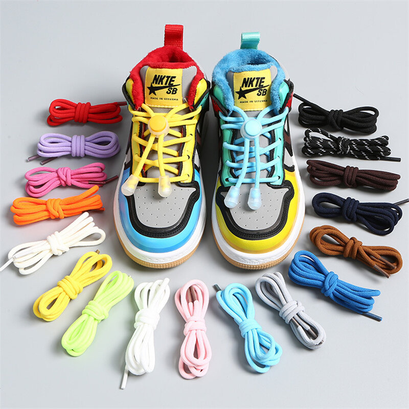 1Pair Colorful Elastic Round Children Shoelaces Without Ties Quick Wear Sneakers Canvas Sport Shoes Laces With Lock 100CM