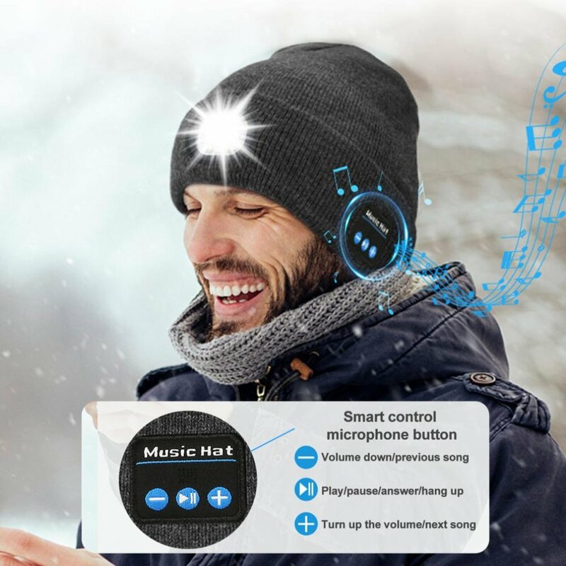 Czapka Beanie bez użycia rąk, Led z Bluetooth czapka o wysokiej jasności, podświetlana, bezprzewodowa muzyka, zimowa ciepła czapeczka do nocnego joggingu