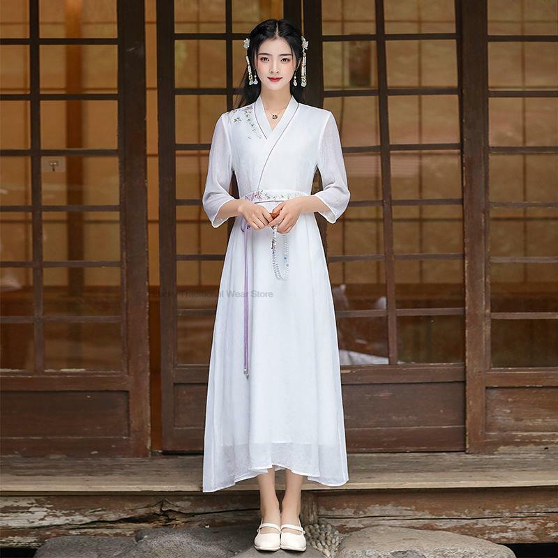 Chińskie tradycyjne styl orientalny ulepszona sukienka Hanfu kobiety Vintage Cheongsam Ao Dai sukienka haftowana szyfon z linii Qipao