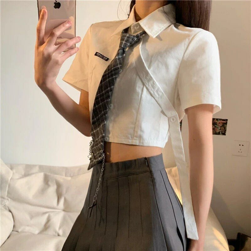 Camisa recortada com gravata para mulheres, design sexy, estilo formal, blusa fofa, casual japonesa, manga curta, letra, tops kawaii femininos, na moda