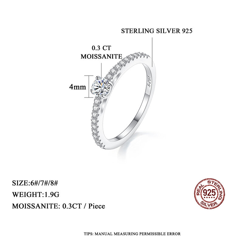 Cincin Perak Kecil Asli 925 Sterling untuk Wanita Cincin Jari Berlian Lab Bersertifikasi 0, 3ct Bundar Berkilau Sederhana