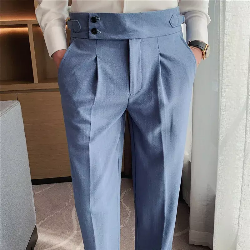 Calças masculinas de cintura alta estilo britânico, calças justas, roupas da moda casual, monocromáticas, novas, outono, 2022