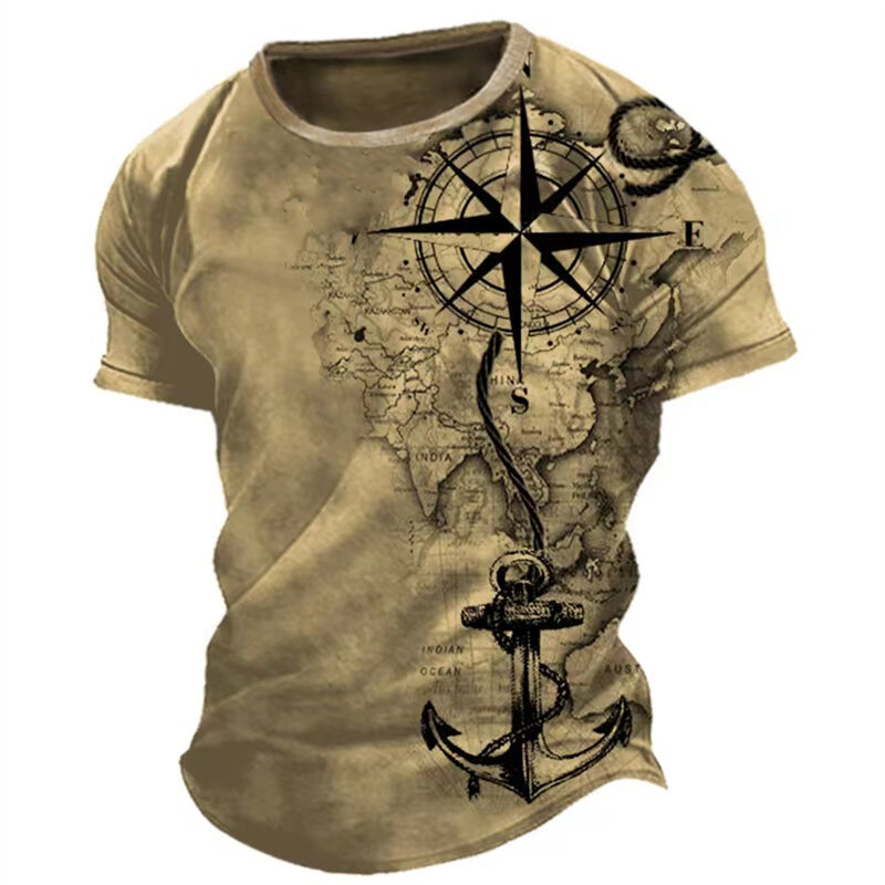 Vintage Men's T-shirt Summer American Shirt Tops Compass Printed Short-sleeve Tees Loose Daily Men Clothing Casual Streetwear