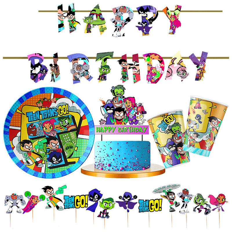 Piring dekorasi pesta ulang tahun Teened Titans Go sedotan sarang lebah Backdrop spanduk kue Topper Titans perlengkapan pesta Baby Shower