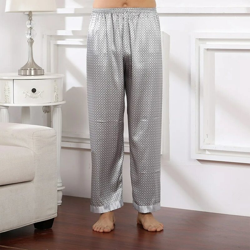 Men Silk Satin Pajamas Pants Lattice Striped Printed Straight Yoga Pants Fashion Casual Loose Holiday Seamless Home Pants
