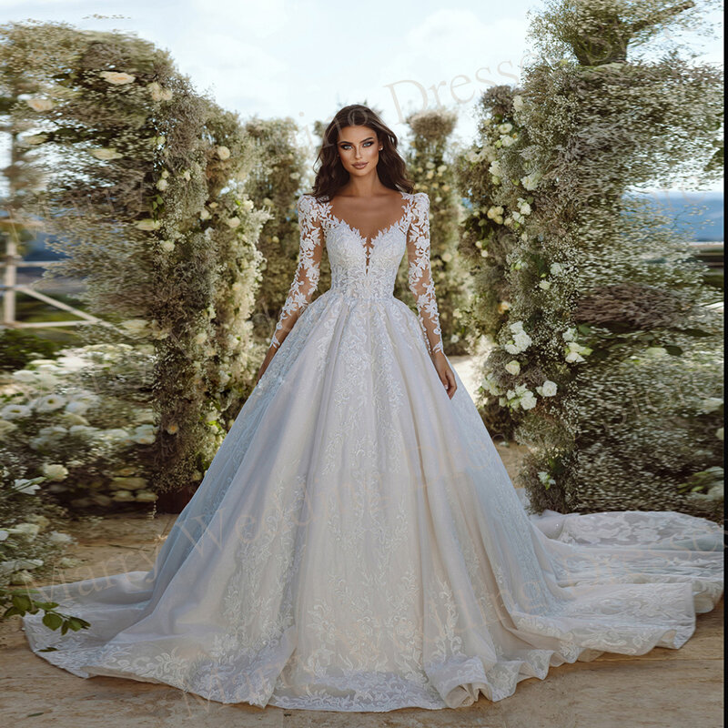 Beautiful A-Line Princess Wedding Dresses New Lace Embroidery Button Bride Gowns Full Sleeve Sweep Train Floor-Length For Women