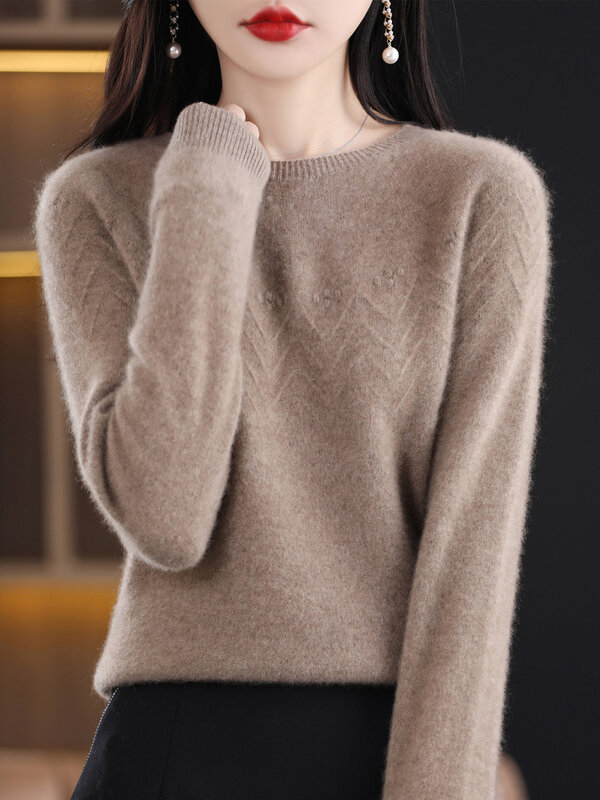 Aliselect-suéter de lana merina para mujer, jersey básico de manga larga con cuello redondo, prendas de punto, moda de otoño e invierno, 100%