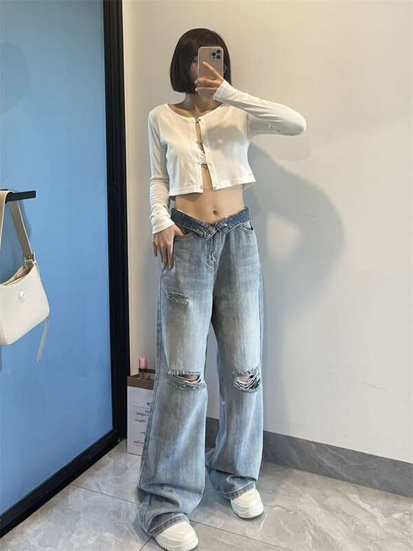 Women's Washed Hole Straight Light Blue Denim Young Girl Street Style Baggy Bottoms Vintage Casual Trousers Female Thin Pants
