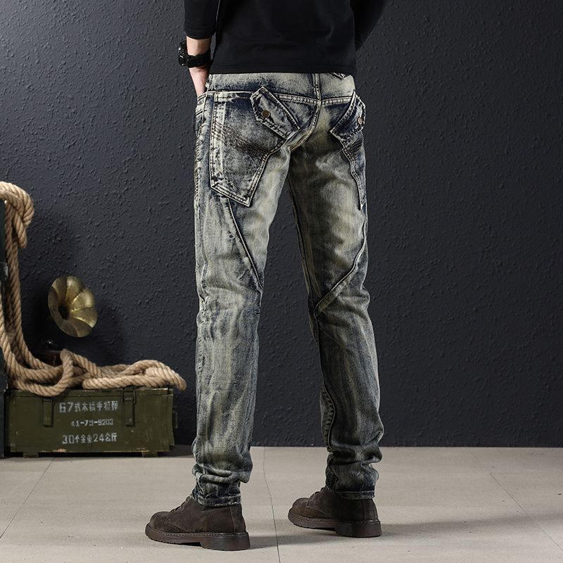 Высококачественные роскошные мужские повседневные джинсы на весну и осень, узкие джинсы, высококачественные Брендовые прямые брюки в стиле ретро с пэчворком, синие модные брюки