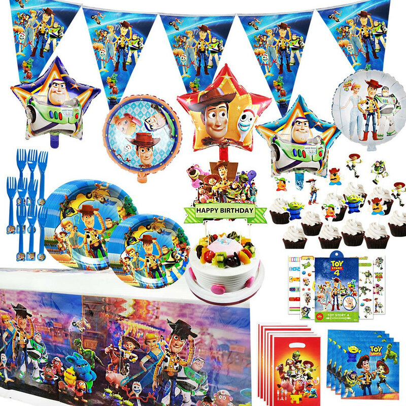 Toy Story 4 materiały urodzinowe papier jednorazowy serwetka flaga obrus puchar zastawa stołowa Baby Shower dekoracja urodzinowa