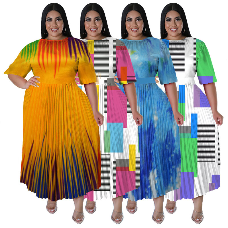 2023 African Print Dresses for Women Elegant Summer African Short Sleeve Polyester Pleated Dress Maxi Dress African Dresses