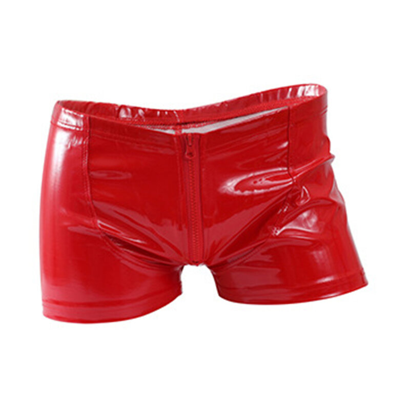 Boxer pria seksi Boxer kantong Homme U celana pendek ritsleting pria Boxer kulit PU mengkilap celana dalam pria celana dalam seksi tonjolan