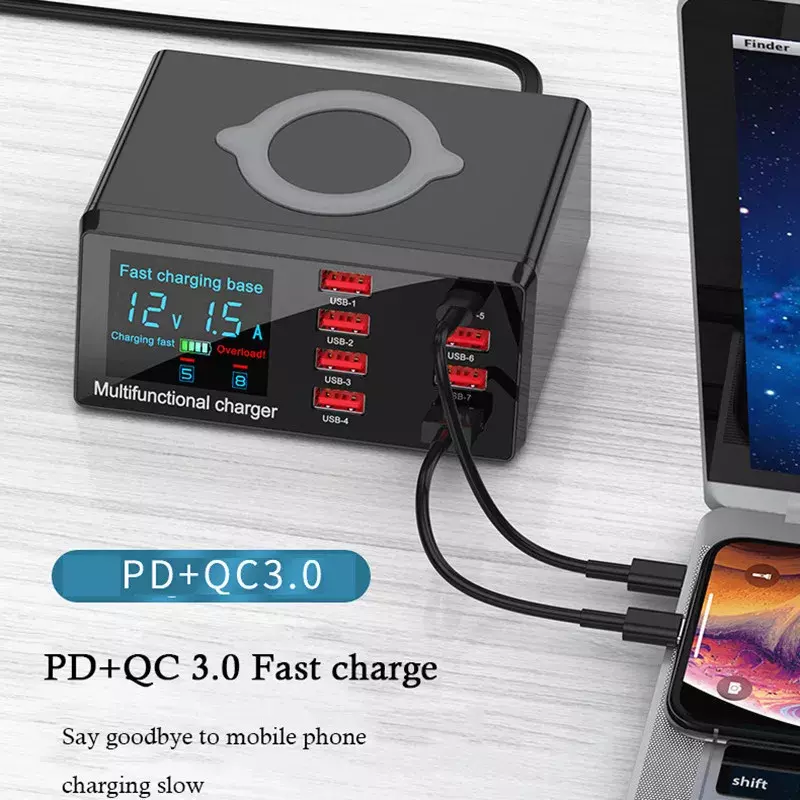 شاحن ذكي متعدد الفتحات طراز X9 مع PD + QC 3.0 لهاتف Huawei IPhone أداة إصلاح شاشة عرض رقمية USB للشحن السريع