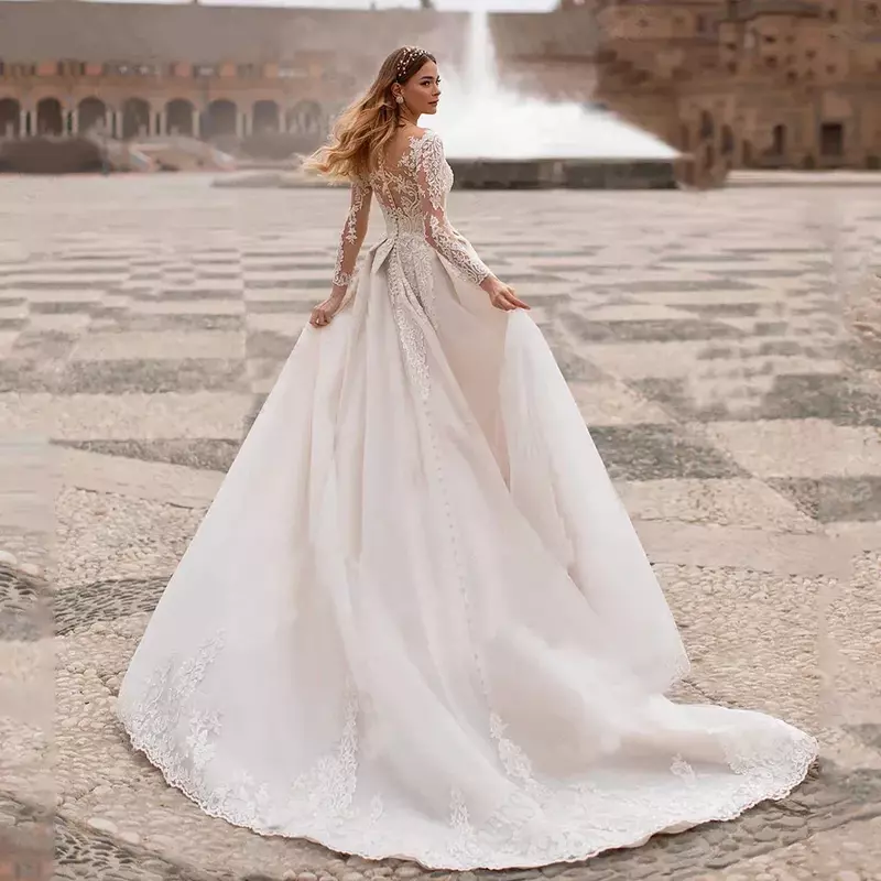 Gaun pernikahan wanita, gaun nikah A-line cantik lengan panjang applique lipatan garis untuk pengantin pantai jubah Bohemian