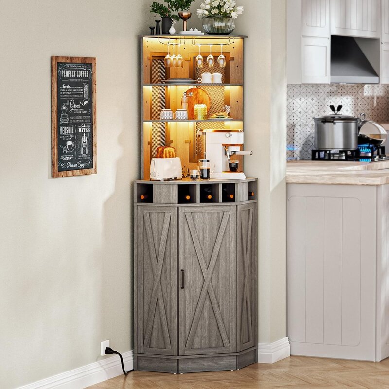 Armoire d'angle grand bar avec 2 étagères réglables, armoire pour café-bar avec LED RVB, prise de courant et vin T1, nouveau, 2024